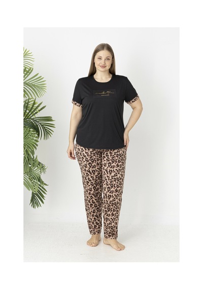 Estiva Kadın Kaplan Alt Desenli Kısa Kollu Soft Battal Pijama Takımı Çok renkli