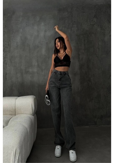 Füme Premium Yıkamalı Kemerli Baggy Jeans Füme