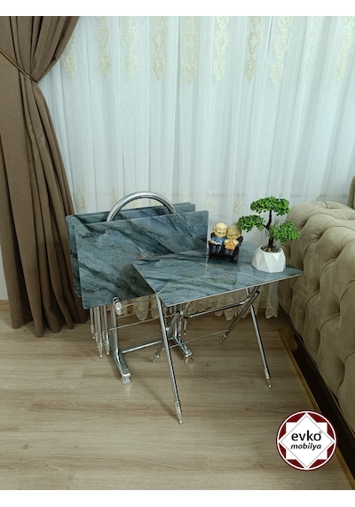 Evko Mobilya Çanta Zigon Sehpa, 4'lü Sehpa, Zigon Sehpa, Servis Sehpası, Camlı Sehpa, Katlanır Sehpa Gri