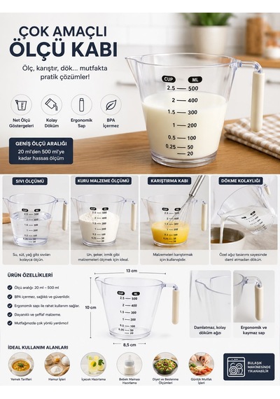 500 Ml Ölçü Kabı Ölçekli Şeffaf Dereceli Mutfak Ölçü Bardağı Cup Ve Ml Ölçülü Kulplu Çok Renkli