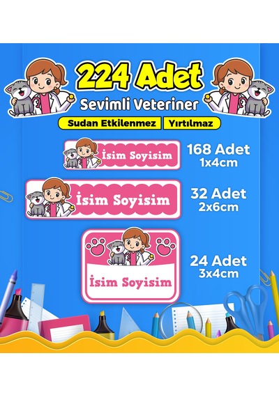 Sevimli Veteriner Temalı Okul Kreş Kişiye Özel İsim Etiket Seti - Model 518 Çok Renkli