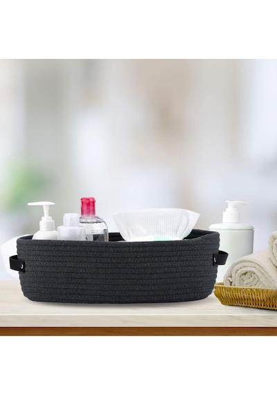 Mavaux Doğal Hasır Görünümlü 15x33x10 Çok Amaçlı Sepet Deri Saplı, Dekoratif Ve Fonksiyonel Organizer Antrasit