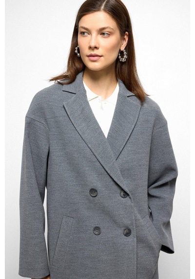 Olcay Desenli Astarlı Oversize Kruvaze Kaban Gri 3095