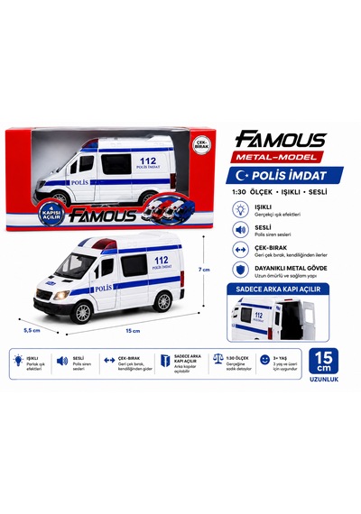 Vardem Famous Metal Model Polis Imdat Aracı 1:30 Ölçek Beyaz - Mavi