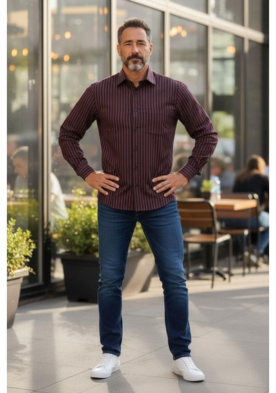 Klasik %100 Cotton Uzun Kollu Terletmeyen Kışlık Flanel Kumaş 2 Renkli Çizgili Gömlek Regular Kalıp -10517 Bordo