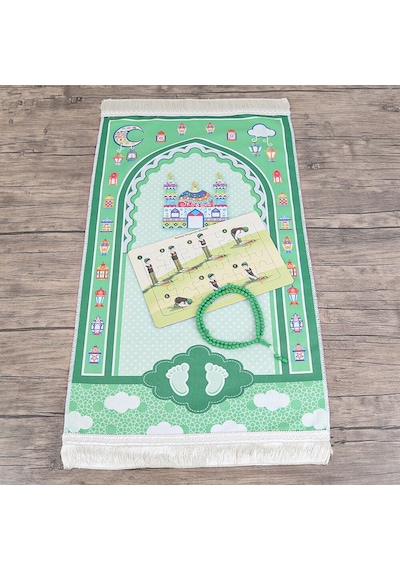 Çocuk Seccadesi 45 82 Cm Sahra Yeşil & Kokulu Tesbih Yeşil & Ahmet Namaz Kılıyor Puzzle Çok Renkli