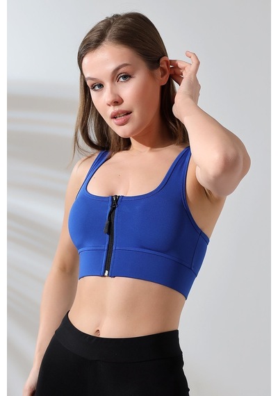 EMFURE Saks Fermuarlı Spor Büstiyer - Sports Bra / Crop Destekli Spor Sütyeni Saks