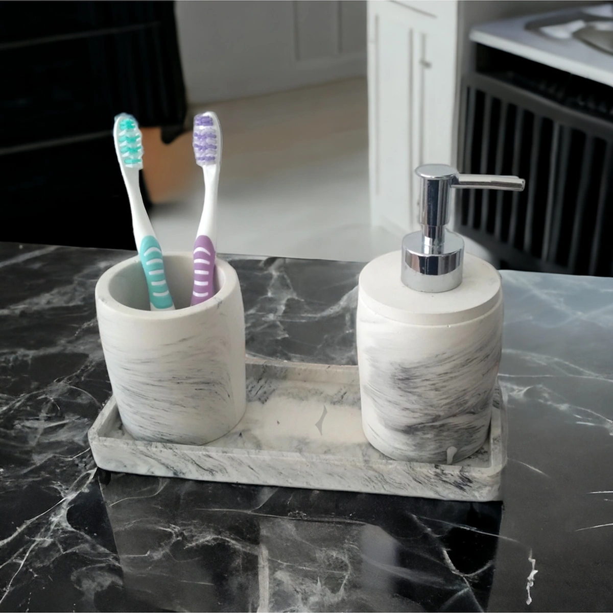 Marble 3'lü Banyo Seti, Sıvı Sabunluk Diş Fırçalığı Beton Aksesuar Takım Gri