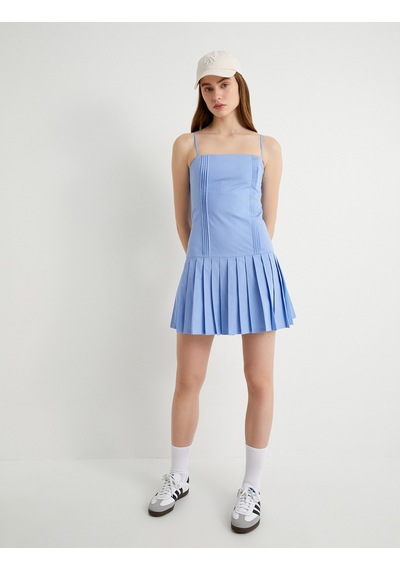 Koton Mini Pileli Elbise İnce Askılı Slim Fit Mavi 4sal80164ıw