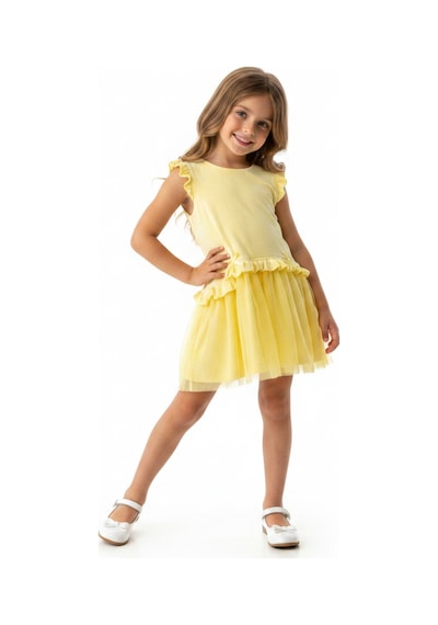 Toontoy Kids Toontoy Kız Çocuk Regular Fit Bisiklet Yaka Fırfır Kol Fiyonk Detaylı Tüllü Elbise 25047 Açık Sarı