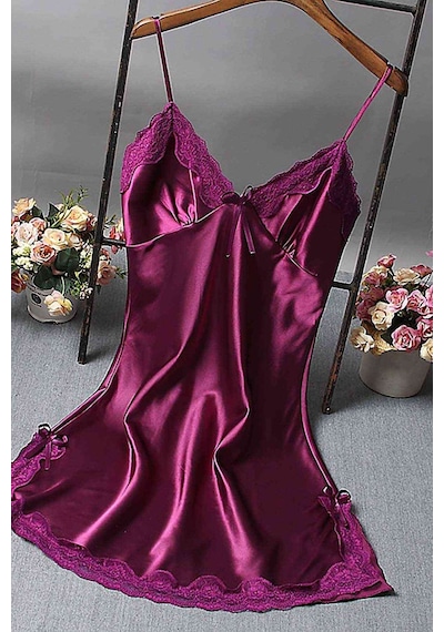 Merry See Dantelli Kısa Saten Gecelik Mor 001