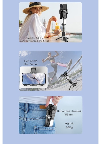 Q18 Siyah Gimball Led Işıklı Kumandalı Çok Amaçlı Tripod Selfie Çubuğu