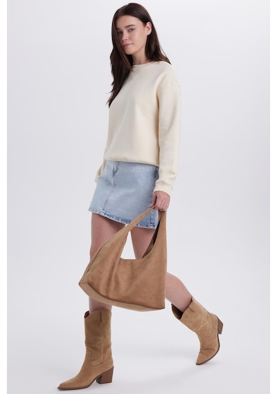 Tudors Kadın Oversize Geniş Kesim Pamuklu Bisiklet Yaka Taş Sweatshirt-39931 Taş