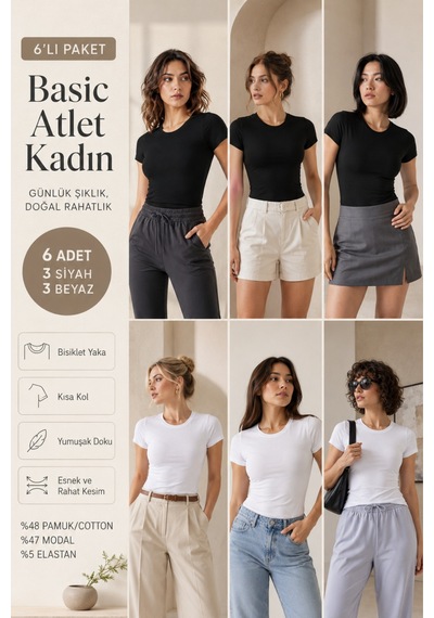 Loule Kadın 6'lı Bisiklet Yaka Kısa Kollu Üst 3 Siyah-3 Beyaz Çok Renkli