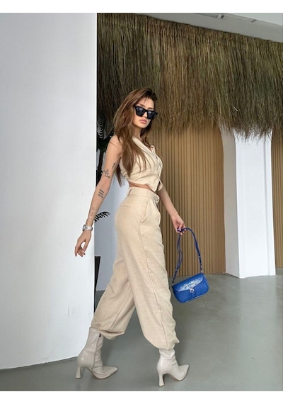 Hgfashion Kadın Yelek Pantolon İkili Takım Taş Renk Taş