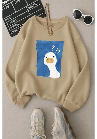 Benroma 3 İplik Penye Ördek Baskılı Unisex Sweatshırt Bej