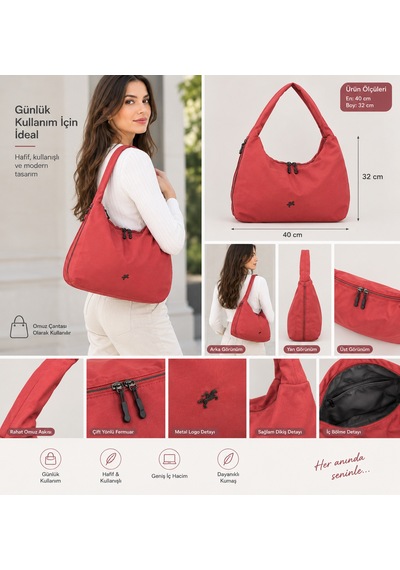 Nas Bag Kadın Büyük Boy Spor Şık Günlük Ultra Hafif Omuz Çantası En 40 Cm Boy 32 Cm Kırmızı