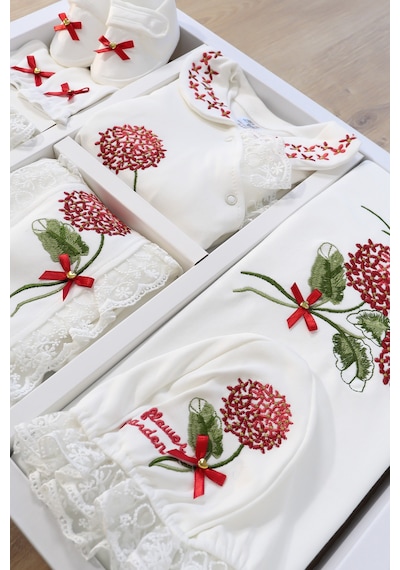 Sitilin Kız Bebek Ortanca Natural 10 Lu Hastane Çıkışı Kanaviçe Çiçek Desen Stl4576 Kırmızı