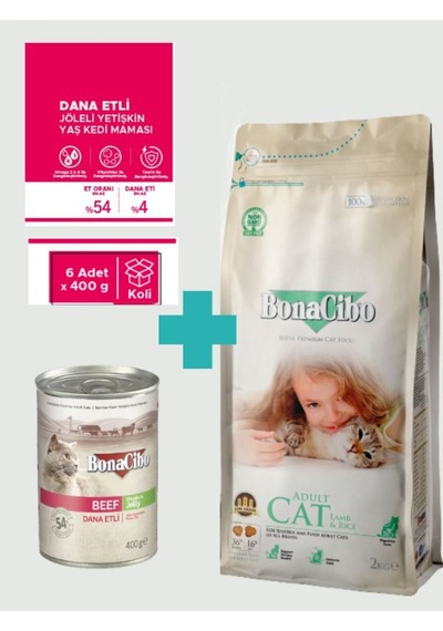Bonacibo Yetişkin Kuzulu Kuru Mama 2 Kg & Soslu Sığır Etli Konserve Avantaj Paketi 6x400 Gr