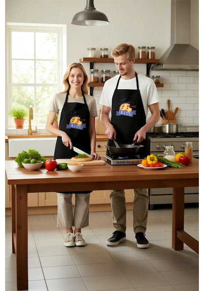 Unisex Mutfak Önlüğü Pizza Baskılı Yiyecek Temalı Rahat Kesim Gün Siyah