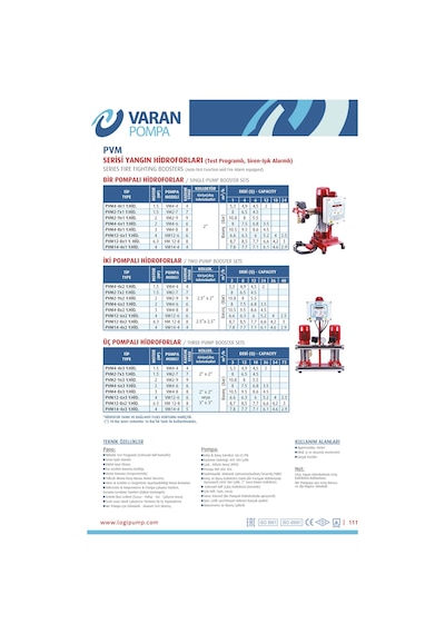 Varan Pvm2-9x1 Yhıd Tek Pompalı Yangın Hidroforu 2 HP / 1.5 kW Trifaze 380 V, Test Programlı