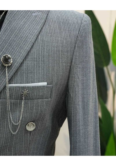 Beystil Sivri Yaka Gri Çizgili Kruvaze Takım Elbise Bezayak036- Slim Fit Gri