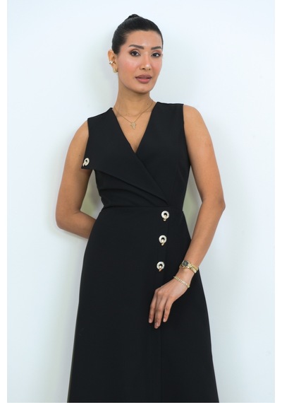 Dorne Moda Gold Düğme Detaylı Midi Elbise - Düğün - Mezuniyet - Ofis Şıklığı Siyah Siyah