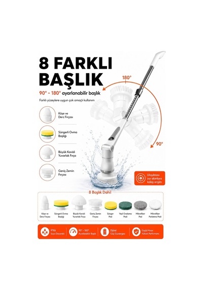 Kablosuz Şarjlı Temizlik Fırçası 8 Başlıklı 3 Kademe Hız Ayarlı Teleskopik Çok Amaçlı Ev Cihazı