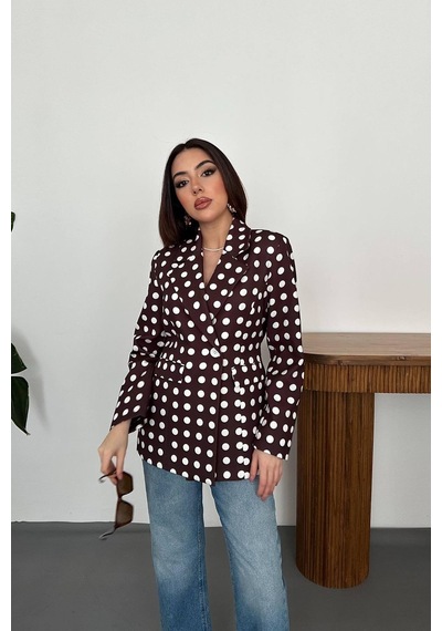 Cemo Kadın Puantiyeli Tek Düğmeli Blazer Ceket Kahve
