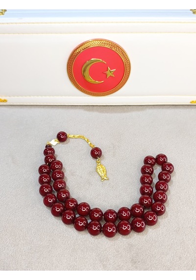 Orjinal Sıkma Kehribar Tesbih Kelle Boy Bordo Renk