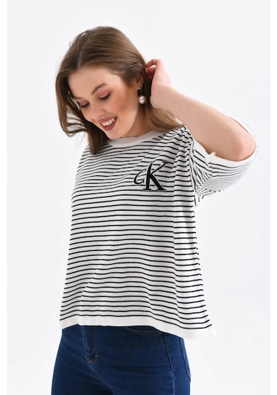 Park Karon Kadın Bisiklet Yaka Çizgili Oversize Triko Kazak 10160 Kemik