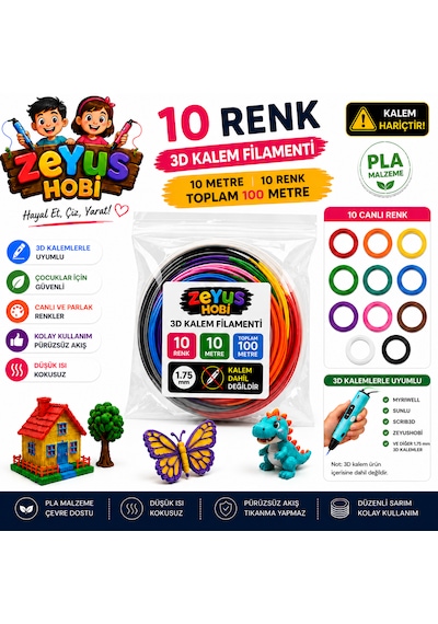 Zeyus Filament 10 Renk 10 Metre 3d Kalem Filamenti