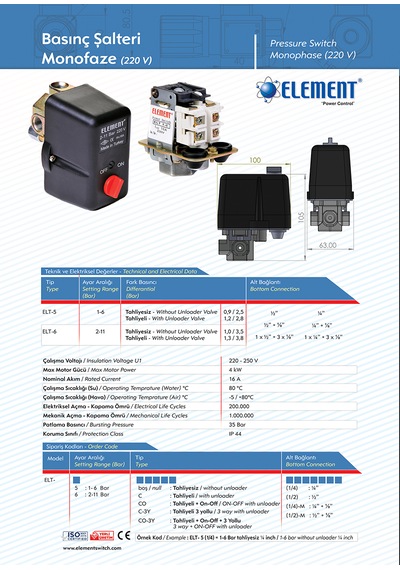 Element Elt-6c 2-11 Bar 220v Monofaze Tahliyeli Basınç Şalteri