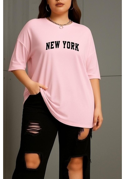 Büyük Beden New York Baskılı Unisex Tişört Pembe