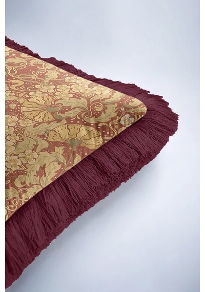Saray Ihtişamı Saçaklı Yastık Kılıfı - Vintage Lüks Bohem Bordo Altın Renkli Püsküllü Kırlent Kılıfı Göl Çiçeği