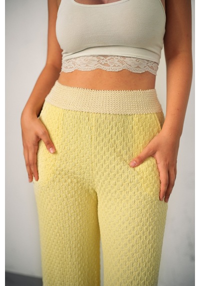 Gugus Kadın Gofre Beli Güpür Lastikli Wide Lege Yazlık Pantolon Sarı