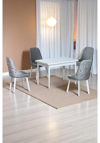 Still Beyaz Sunta 70x110 Sabit Mutfak Masası Takımı Beyaz Metal Ayak 4 Gri Sandalye
