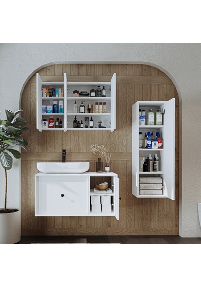 Oval Lavabolu Mat Mdf 90 Cm Banyo Dolabı + Aynalı Dolap Beyaz Mat Beyaz