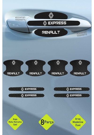 Karbon Kaplama Renault Express Kapı Kolu Koruma Seti 8 Parça, Şık Beyaz Yazılı Folyo