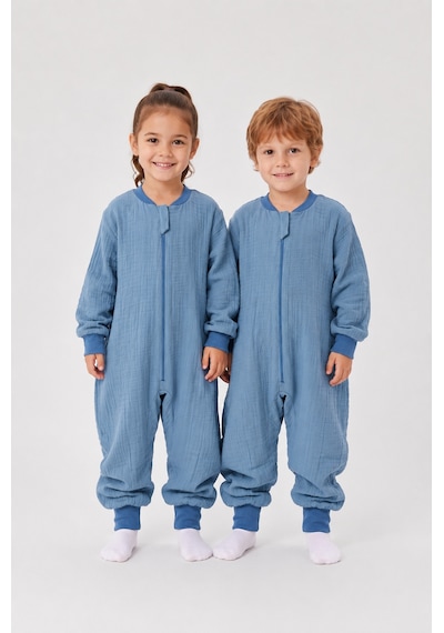 Babyhola Çocuk Uyku Tulumu 1-8 Yaş Unisex Uzun Kollu 1 Tog %100 Pamuk Müslin 2706 Mavi