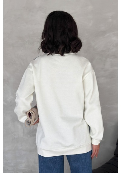 Femelle Kadın Beyaz Şardonlu Tasarım Kot Detaylı Sweatshirt