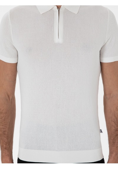 Ekru Slim Fit Fermuarlı Polo Yaka Triko T-shirt Bej