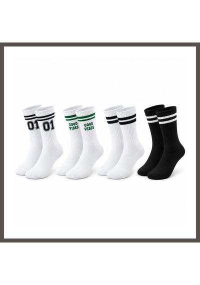 Bezos Unisex Çorap Çizgili 4'lü Set 07 Good Vibes Yazılı Siyah Beyaz Uzun Soket Spor Kolej Stil Rahat Şık Nxrlvng Çok  Renkli