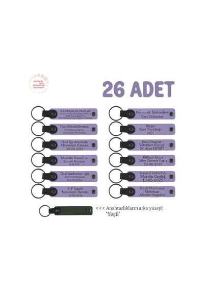 Doğum Yapan Anneye Hediye, İsmine Özel 26'lı Hatıra Anahtarlık Seti, Mor Menekşe & Yeşil