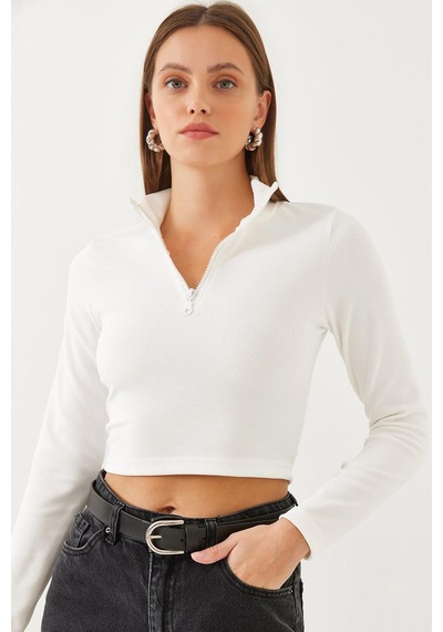 Shade Kadın Balıkçı Yaka Yarım Fermuarlı Fitilli Crop Bluz 60351019 - Beyaz