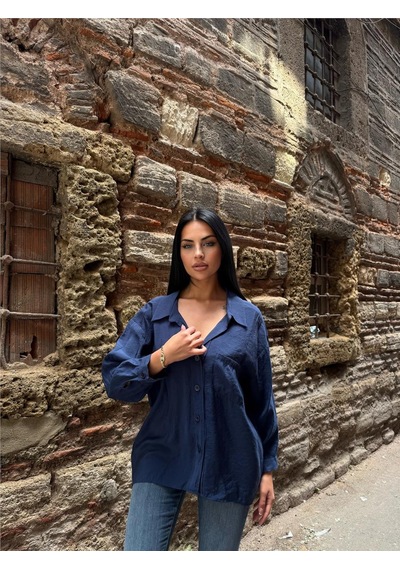 WeShaya Lacı Pamuk Polyester Cepli Gömlek Lacivert