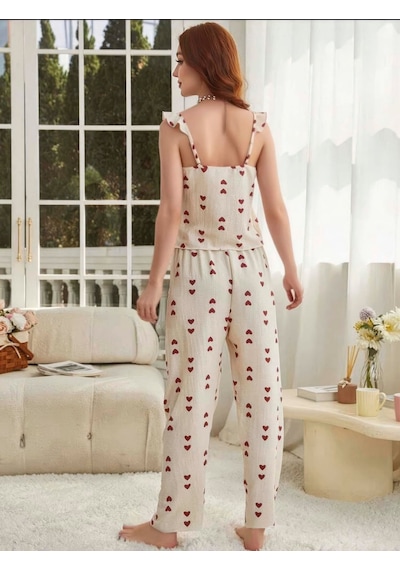 Bezos Kadın Ekru Kırmızı Kalp Desenli Yumuşak Pamuklu Uzun Pijama Takımı 5136