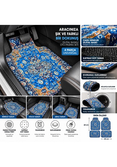 Her Araca Uyumlu Oto Halı Paspas Seti Dijital Baskılı Üniversal