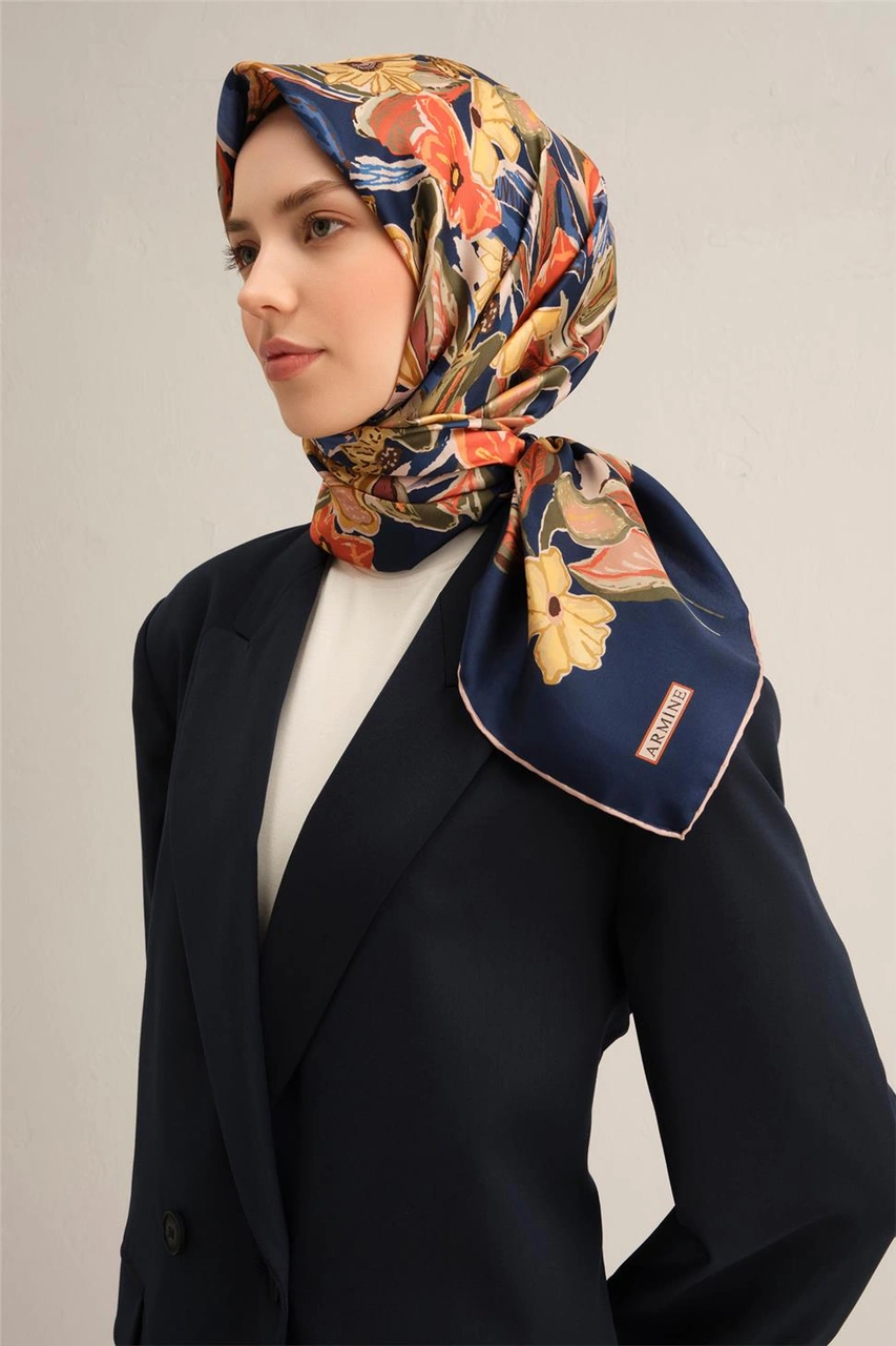 Armine Çiçek Desenli Saf İpek Twill Eşarp 9332d 37 Laciver