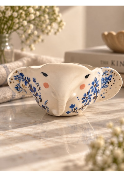 Floral Fil Kupa El Yapımı Seramik Altın - Mavi
